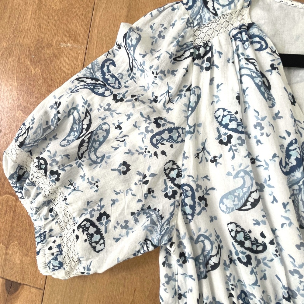 Lucky Brand Blue Paisley Tiered Maxi Dress White Cotton Blend Boho Lace Trim M - Picture 9 of 9
